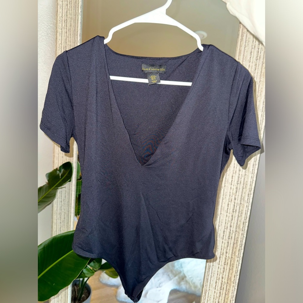 Black V-Neck Black Bodysuit
